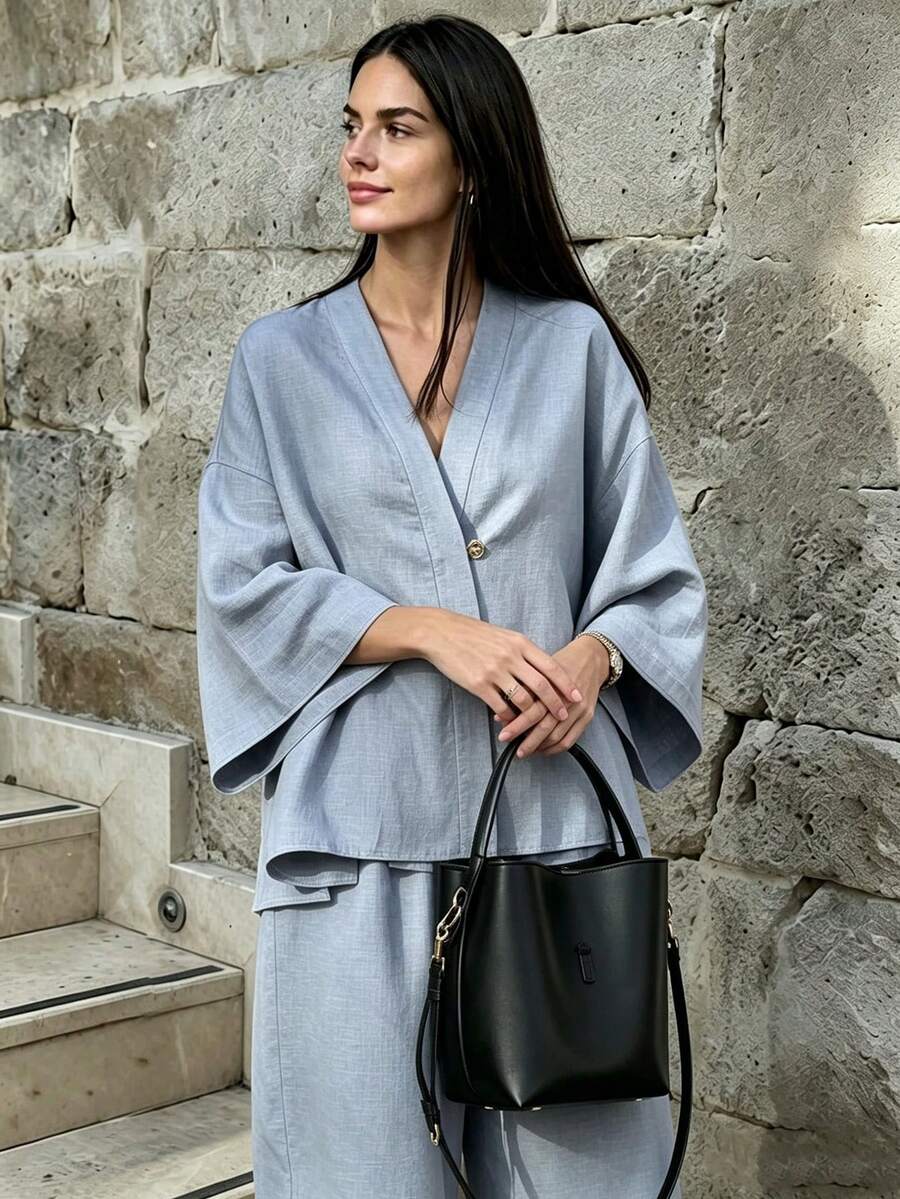 Spring/Summer Light Blue V-Neck Wide Leg Pants Waist-Cinched Two Pieces Set Minimalist Casual Vacation Daily Outfit Elegant