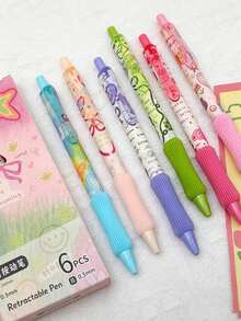 1pc/6pcs Optional Graffiti Style Retractable Gel Pen 0.5mm Black ST Tip Quick Dry Smooth Ultra Soft Comfortable Grip Student Exam Practice Writing Pen Back To School Season Classroom Reward Gift - Multicolor - View 7