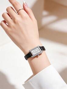 1件女款長方形復古水鑽石英手錶，銀色合金錶殼，白色錶盤，黑色PU皮革錶帶，優雅腕錶，適合日常配戴與送禮 - 銀色 - 查看 4