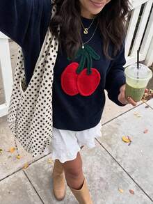 Sweater Wanita Warna Biru Tua dengan Bordir Tali 3D Motif Ceri, Lengan Panjang Longgar, Cocok untuk Kembali ke Sekolah, Musim Gugur/Dingin, Atasan Rajut - Navy Blue - View 3