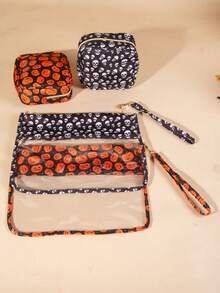 2pcs Halloween Skull & Pumpkin Face Adult Minimalist Envelope Style Translucent PU Makeup Bag, Toiletry Bag, Storage Bag, Gift Packaging (Inner Products Not Included), Suitable For Daily Use, Holidays, Vacations, Business Trips, Party Gifts - Multicolor - View 1