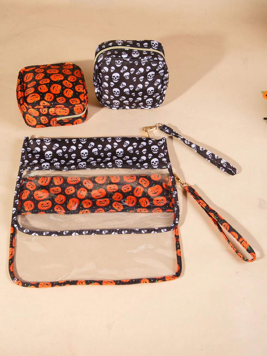 2pcs Halloween Skull & Pumpkin Face Adult Minimalist Envelope Style Translucent PU Makeup Bag, Toiletry Bag, Storage Bag, Gift Packaging (Inner Products Not Included), Suitable For Daily Use, Holidays, Vacations, Business Trips, Party Gifts - Multicolor - View 1