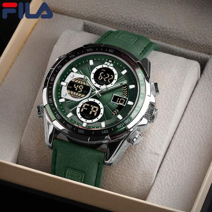 Jam Tangan Olahraga Digital-Analog Hybrid FILA Pria, Dial Hijau, Tali Kulit, Hadiah Ideal untuk Pria