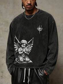 [Simple] Men's Angel Pattern Long-Sleeve T-Shirt - Comfortable Crew Neck Top, Suitable For All Seasons, Casual Wear, Fashionable Street Style. - Black - View 1