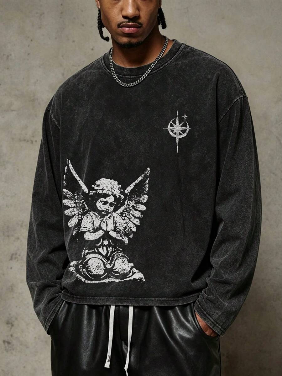 [Simple] Men's Angel Pattern Long-Sleeve T-Shirt - Comfortable Crew Neck Top, Suitable For All Seasons, Casual Wear, Fashionable Street Style. - Black - View 1