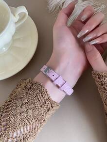 1pc Pink Mini Round Watch, Pink Dial, PU Strap, Gold Case, Sweet Vintage Style, Suitable For Daily Wear - Pink - View 5