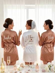 Customized Satin Bridal Robe, Half Sleeve Design, Customized Bridesmaid Bridal Robe,Customized Bridal Robe, Bridesmaid Prep Robe,Size-M/L/XL/XXL - Multicolor - View 4