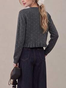 Women's New Vintage Grey Polka Dot Round Neck Button Cardigan, Ruffle Hem Long Sleeve Knit Sweater, Winter Fashion Choice - Grey - View 3