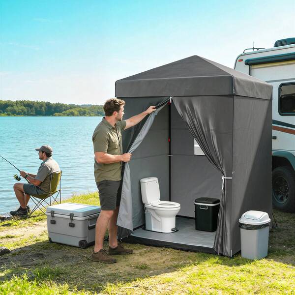 Outsunny 5 x 5 pieds Tente de Pavillon Pliante Compacte, Abri Solaire UPF 50+ Facile à Monter, Cabine de Changement Portable Extérieure, Pavillon Instantané avec Fenêtre Maillée, Sac de Transport, Gris Foncé