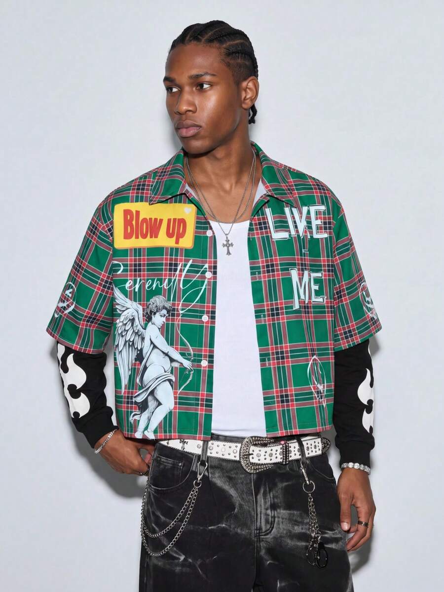 Modcrash Men's Plaid Letter Print Casual Versatile Daily Wear Shirt - Multicolor - View 1