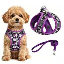 Step-In Anti-Collision Floral Adjustable Soft Mesh Reflective Pet Vest Harness & Leash Set, Purple Floral Pattern Dog Harness & Leash Set, Escape-Proof Puppy Harness Training Walking, Breathable Adjustable Puppy Vest, Suitable For Small And Medium Dogs And Cats - Multicolor - View 15