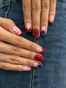 10pcs/Set Y2K Nails Handmade, Cute Nails, Pink Nails, Red Nails, Black Spider Nails & Black Spider Web Nails, Perfect For Parties & Daily Wear. Short Square Nails. Handmade Press On Nails Square, Fake Nails, Acrylic Nails, Short Nails, Handmade Nails - Multicolor - View 4