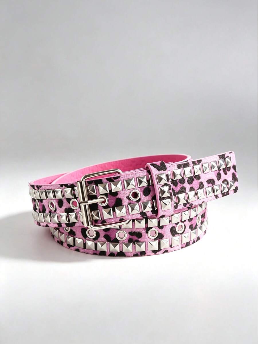1pc Double Row Pyramid Studded Pink Fuzzy Leopard Belt Women Y2K Punk Decorative Waist Belt