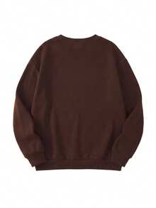 Coffee Brown Thermal Lined Bear Print Crew Neck Sweatshirt For Women, Casual Oversized Long Sleeve Pullover For Winter Fall - Khaki - View 4