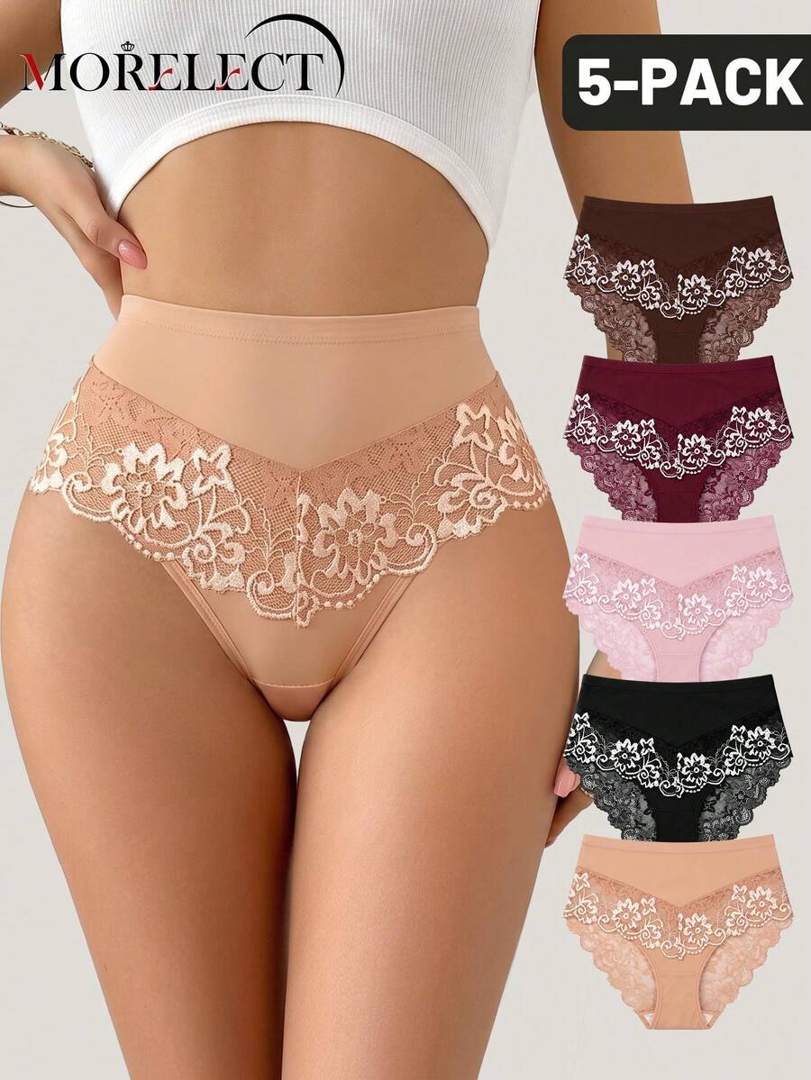 Morelect 5pcs Women's High Waist Lace Patchwork Triangle Panties, Breathable & Lightweight, Suitable For Spring/Summer Wear