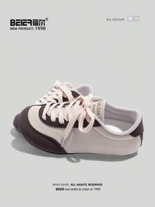 BEIER Women's Colorblock Cartoon Casual Shoes, Patchwork Sports Lace-Up Round Toe Low-Top Leather Flat Sneakers - Baby Pink - View 5