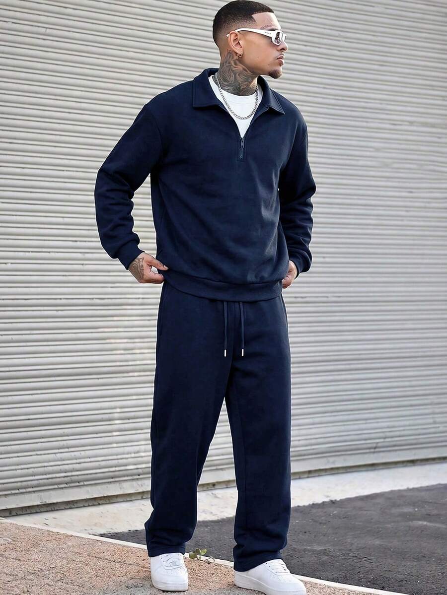 男士兩件套:領口半拉鍊落肩長袖運動衫與抽繩長運動長褲,休閒通勤時尚 - 藏蓝色 - 查看 1