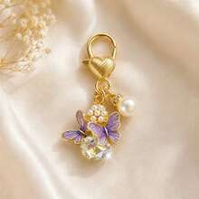 1pc/4pcs Women's Exquisite Fashion Oil-Drip Alloy Butterfly With Rhinestone High-End Pendant Faux Pearl Inlaid Accessory Keychain Sweet Delicate Bag Charm - Multicolor - View 3