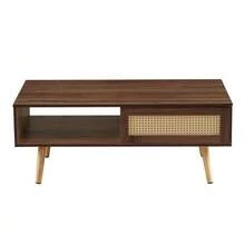 Wicker Coffee Table, Tea Table With Sliding Doors, Solid Wood Legs, Modern Living Room Table, Dark Walnut Wood-H40/W1050/D55 Cm - 棕色 - 查看 5
