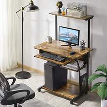 Small Rolling Computer Desk With Hutch And Shelves, Rustic Brown Particle Board And Metal, With Keyboard Tray, Hutch, And Shelf For A Monitor And Tower In Tight Spaces, Gliding On Casters. - Rustic Brown - View 3