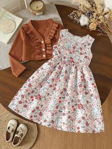 Spring Autumn Winter Girls Brown Short Jacket Casual Printed Dress Set - Multicolor - View 1