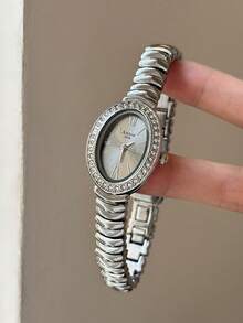 橢圓形灰色錶盤搭配混合刻度尺、折疊扣與水鑽錶圈－適合作為節日禮物 - 銀色 - 查看 1