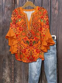 Blusa de mujer talla grande con estampado, mangas con volantes y cuello en V, estampado aleatorio (estampado aleatorio, sin posición fija en la parte delantera y trasera) - Naranja Quemada - Ver 1