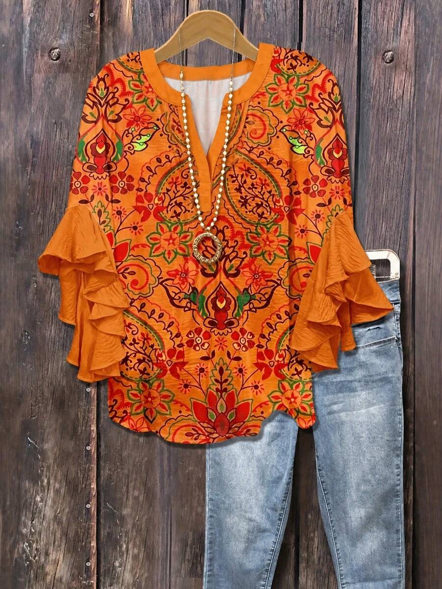 Blusa de mujer talla grande con estampado, mangas con volantes y cuello en V, estampado aleatorio (estampado aleatorio, sin posición fija en la parte delantera y trasera) - Naranja Quemada - Ver 1