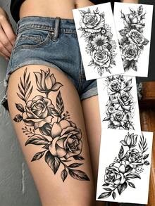 4件裝性感黑色花卉臨時紋身貼紙，防水逼真假紋身，適合女性大腿、腹部、背部和臀部，非常適合節日、派對、約會等場合 - 黑色 - 查看 1