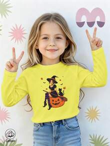 Halloween Girls Cotton Raglan Long Sleeve Tee, Witch Pumpkin Black Cat Print, Cute Sweet Preppy Style - Bright Yellow - View 2