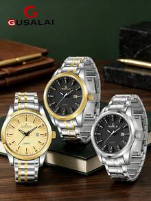 GUSALAI Men's Quartz Watch With Steel Band, Round Dial, Three Hands, Calendar, Multiple Colors Available, Suitable For Workplace, Daily Wear And Gift - one-size - View 1
