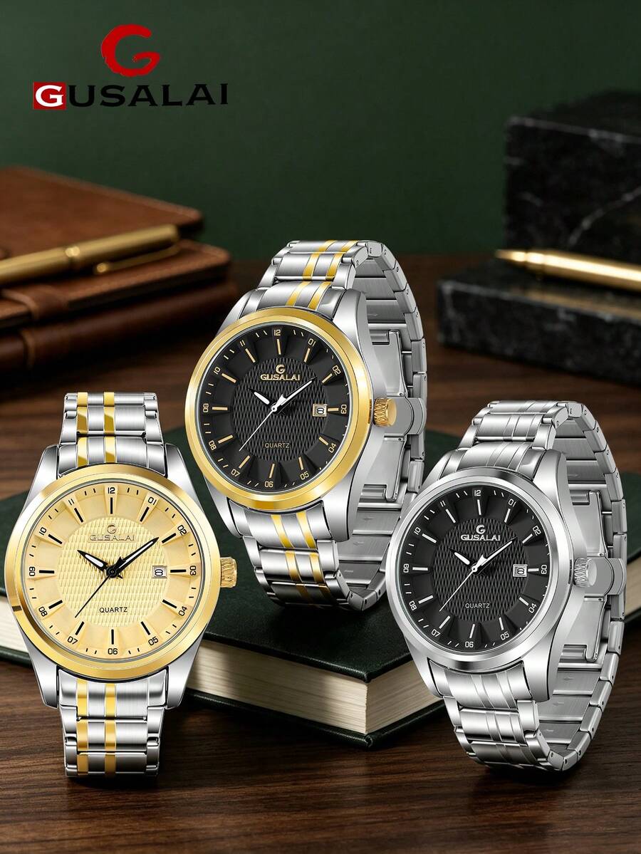 GUSALAI Men's Quartz Watch With Steel Band, Round Dial, Three Hands, Calendar, Multiple Colors Available, Suitable For Workplace, Daily Wear And Gift - one-size - View 1