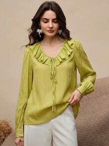 Women's V-Neck Ruffle Green Blouse, Fashion Long Lantern Sleeve Top, Suitable For Various Street And Home Occasions - Lime Green - View 6