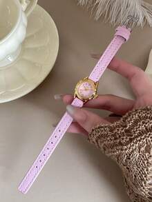 1pc Pink Mini Round Watch, Pink Dial, PU Strap, Gold Case, Sweet Vintage Style, Suitable For Daily Wear - Pink - View 2