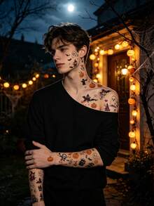 30pcs Halloween Colored Cartoon Tattoo Stickers, Featuring Realistic And Interesting Patterns Of Spiders, Pumpkins, Ghosts, Witches, Bats, And More. Suitable For Various Parts Of The Body, Can Be DIY, Waterproof And Long-Lasting - Multicolor - View 6