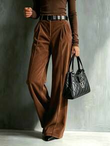 Women's Fashion Casual Solid Color High Waist Wide Leg Pants [No Belt] - Brown - View 6