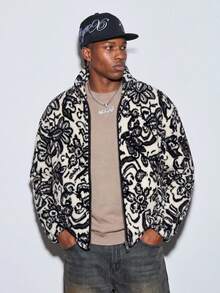 Modcrash Men Retro Print Fleece Jacket, Hooded Zip Up Long Sleeve Coat With Double Pockets, Warm Casual Autumn Winter Outerwear Fall/Autumn/Winter - Apricot - View 1