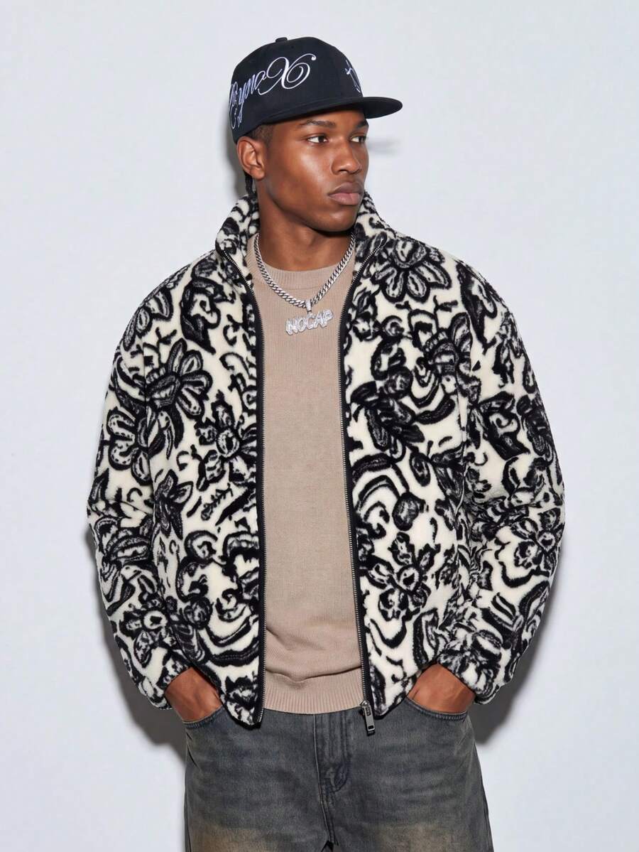Modcrash Men Retro Print Fleece Jacket, Hooded Zip Up Long Sleeve Coat With Double Pockets, Warm Casual Autumn Winter Outerwear Fall/Autumn/Winter - Apricot - View 1