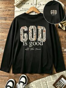 Plus Size Women's Floral "God Is Good All The Time" Letter Graphic Long Sleeve Tee, Moderate Stretch Crewneck Loose Casual Fall Top - Black - View 2