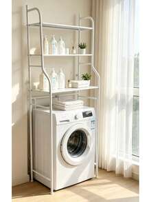 3-Tier Over The Washing Machine Storage Rack – Iron Laundry Organizer Shelf, Space Saving Bathroom Storage Stand, Heavy Duty Utility Rack, Black / White - White - View 2