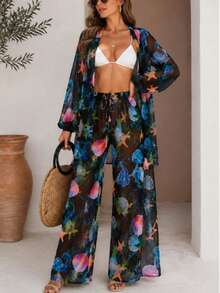 Printed Tulle Beach Cover-Up Shirt And Pants Set - 黑海洋 - 查看 1