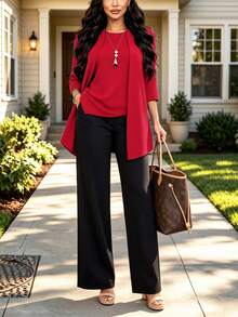 3-Piece Plus Size Women Casual Solid Color Outfit: Jacket/Cardigan + Round Neck Sleeveless Top + Elastic Waist Straight Leg Pants, Soft Stretchy Fabric, Loose Fit, Comfortable For Commuting, Spring/Autumn/Winter Elegant - Red+Black - View 1