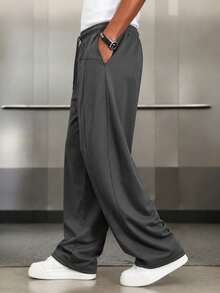 1pc Men's Autumn/Winter Korean Style Minimalist Line Structure Loose Casual Long Pants - Dark Grey - View 3