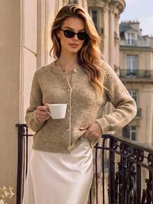 Autumn Khaki Crew Neck Knit Cardigan For Women Raglan Sleeve Button Down Fuzzy Soft Knit Tops Casual Fall Daily Outfits - Brown - View 7