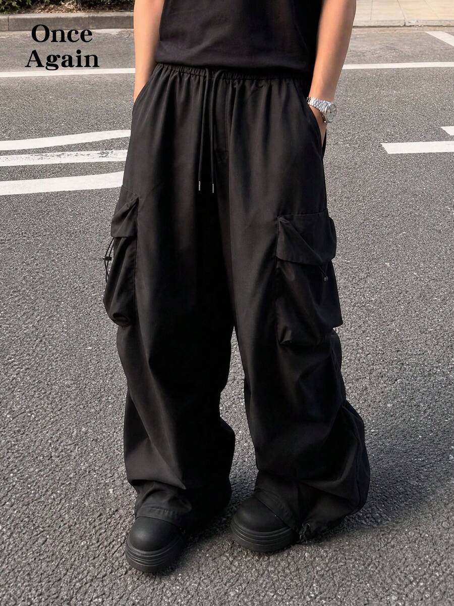 Men's Casual Multi-Pocket Straight Leg Cargo Pants, Drawstring Waist Adjustable Flap Pockets & Leg Openings, Oversized Loose Fit - Black - View 1