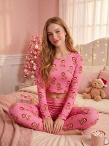 Women's Christmas Bear Faux Cashmere Set, Pink Base With Brown & Red Contrast Print, Long Sleeve & Long Pants 2 Pieces Loungewear - Multicolor - View 1