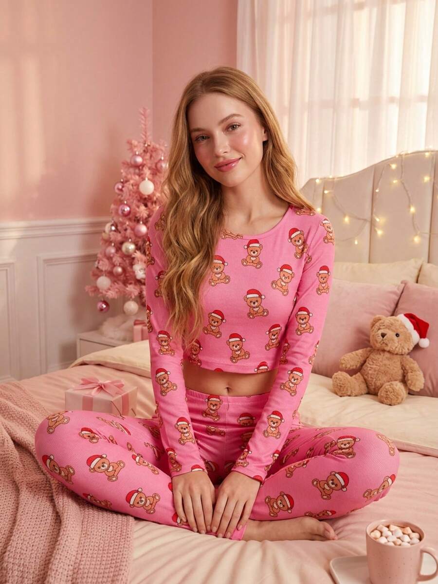 Women's Christmas Bear Faux Cashmere Set, Pink Base With Brown & Red Contrast Print, Long Sleeve & Long Pants 2 Pieces Loungewear - Multicolor - View 1