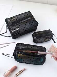 6pcs Women's Vintage Black Polka Dot Mesh Travel Storage Set, Multi-Layer Multi-Size Makeup Bag, Multi-Size Combination Toiletry Bag, Suitable For Home Storage, Essential For Short Trips, Can Be Used As Holiday Gift - Black - View 7