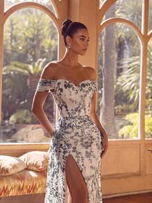 ADYCE Elegant Leaf Beaded One-Shoulder High-Waisted Long Ribbon High-Slit Backless Lace-Up Floor-Length Prom Party Dinner Dress For Prom Gown Back Fall - Grey - View 3