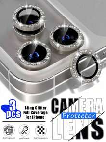 CASECOPS 3Pcs Silver Shiny Rhinestone Camera Lens Protector, Dustproof, Shockproof, Scratch-Resistant, Anti-Collision, No-Trace, Advanced Adhesive, Not Easy To Fall Off, Compatible With IPhone 18 Pro/18 Pro Max/17 Pro Max/17 Pro/17Air/17/16 Pro Max/16 Pro/16 Plus/16/15 Pro Max/15 Pro/15 Plus/15/14/13/12/11 And Other Models, 9H+ Hardness Tempered Glass, High Definition Quality - Silver - View 17